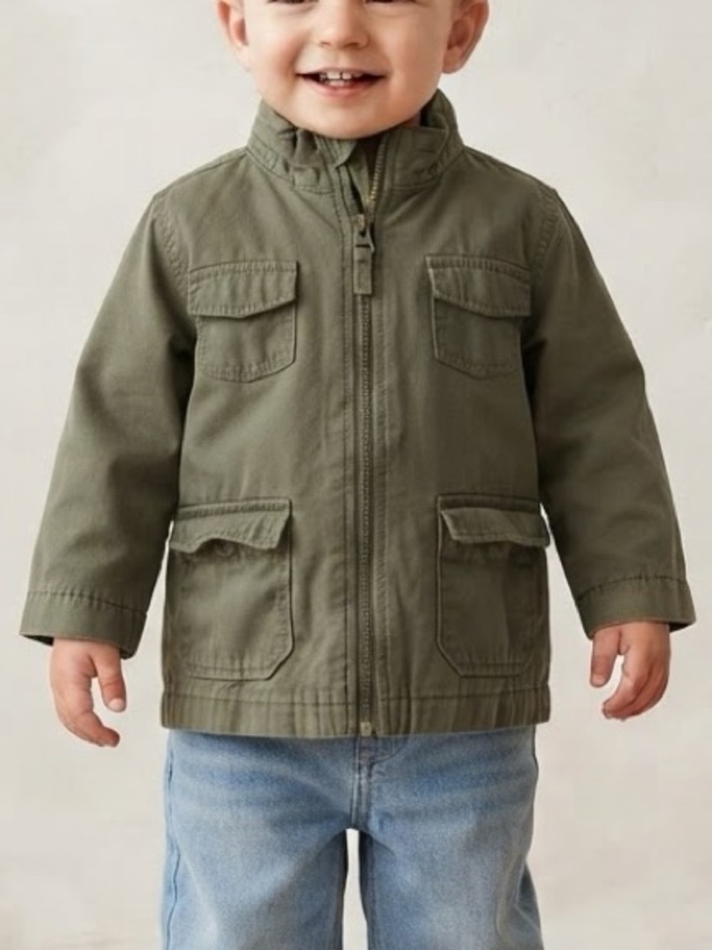 Old Navy Olive Green Lightweight Canvas Utility Zipper Jacket with Grey Lining